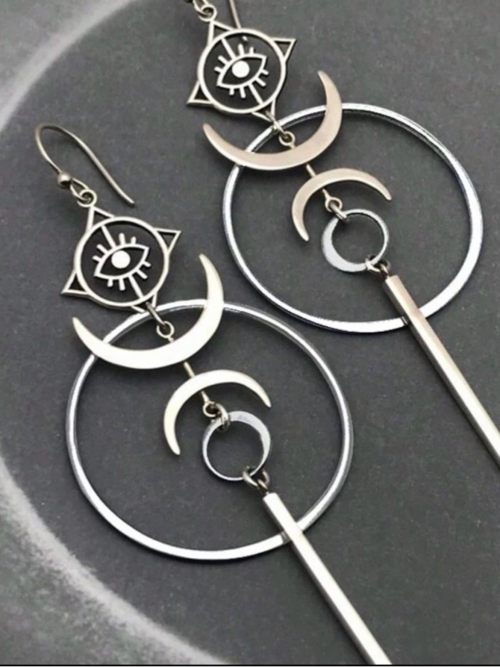 Silver Crescent Moon & Eye Dangle Earrings - Women's Jewelry
